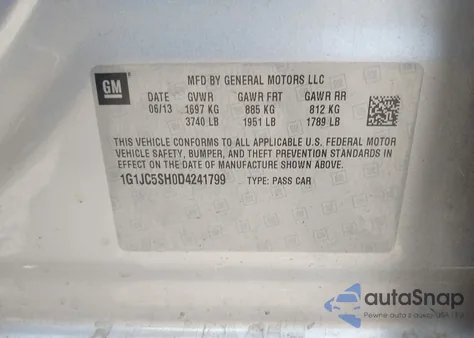 2013 Chevrolet Sonic Lt Auto z USA, uszkodzony, nr VIN 1G1JC5SH0D4241799